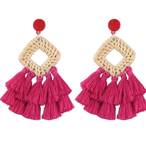 New Wooden Rattan Geometric Tassel Earrings - Picture 7 of 8